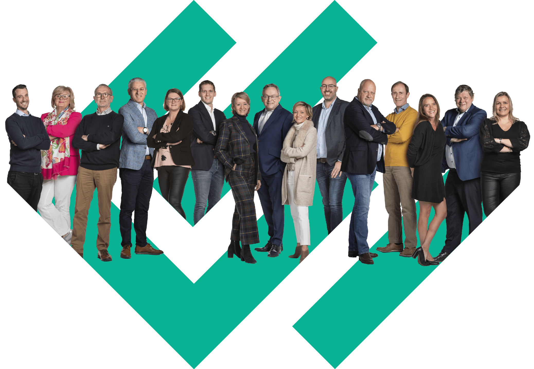 Teamleden van Claeys Expertise in een professionele groepsfoto, glimlachend en zelfverzekerd poserend.